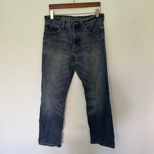 American Eagle Mens Relaxed Straight 31x32 Leg Blue Jeans Button Fly  Whiskered